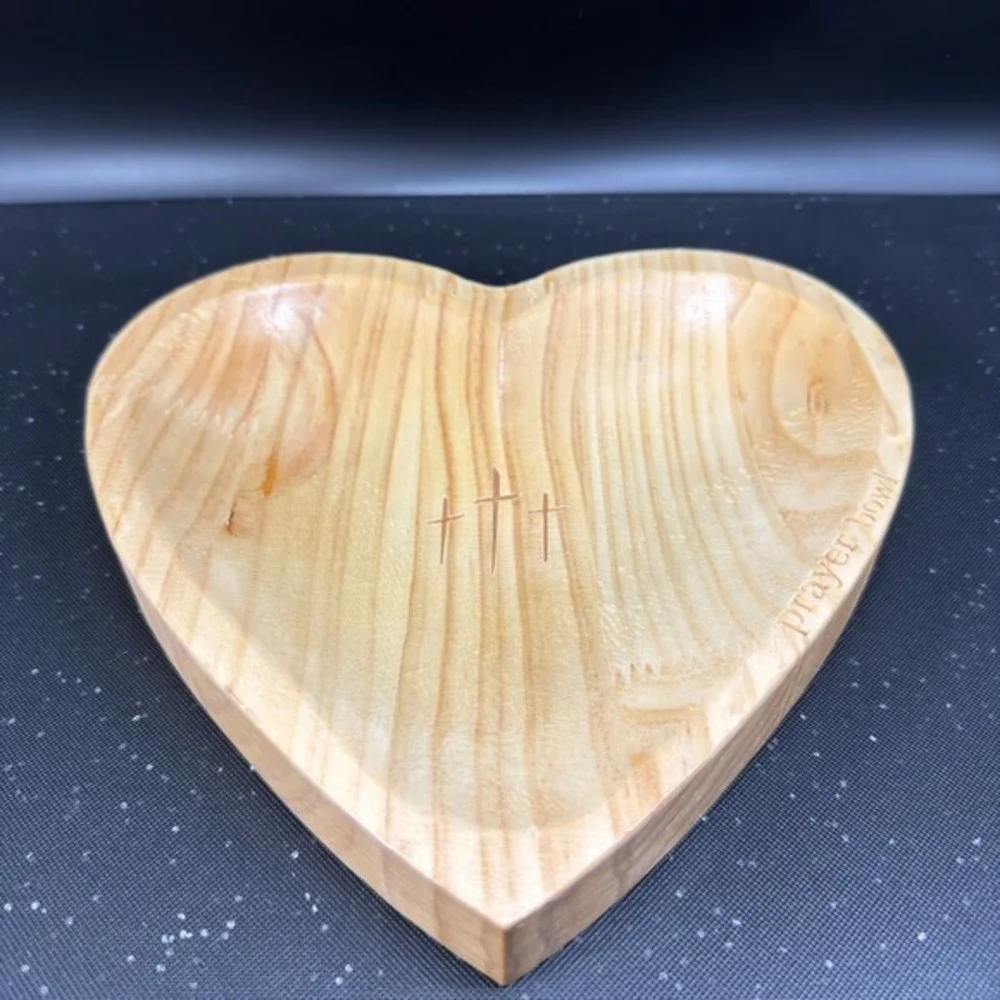 Handcrafted Heart Shaped Wooden Prayer Bowl with Engraved Crosses and Rim‎ Text
